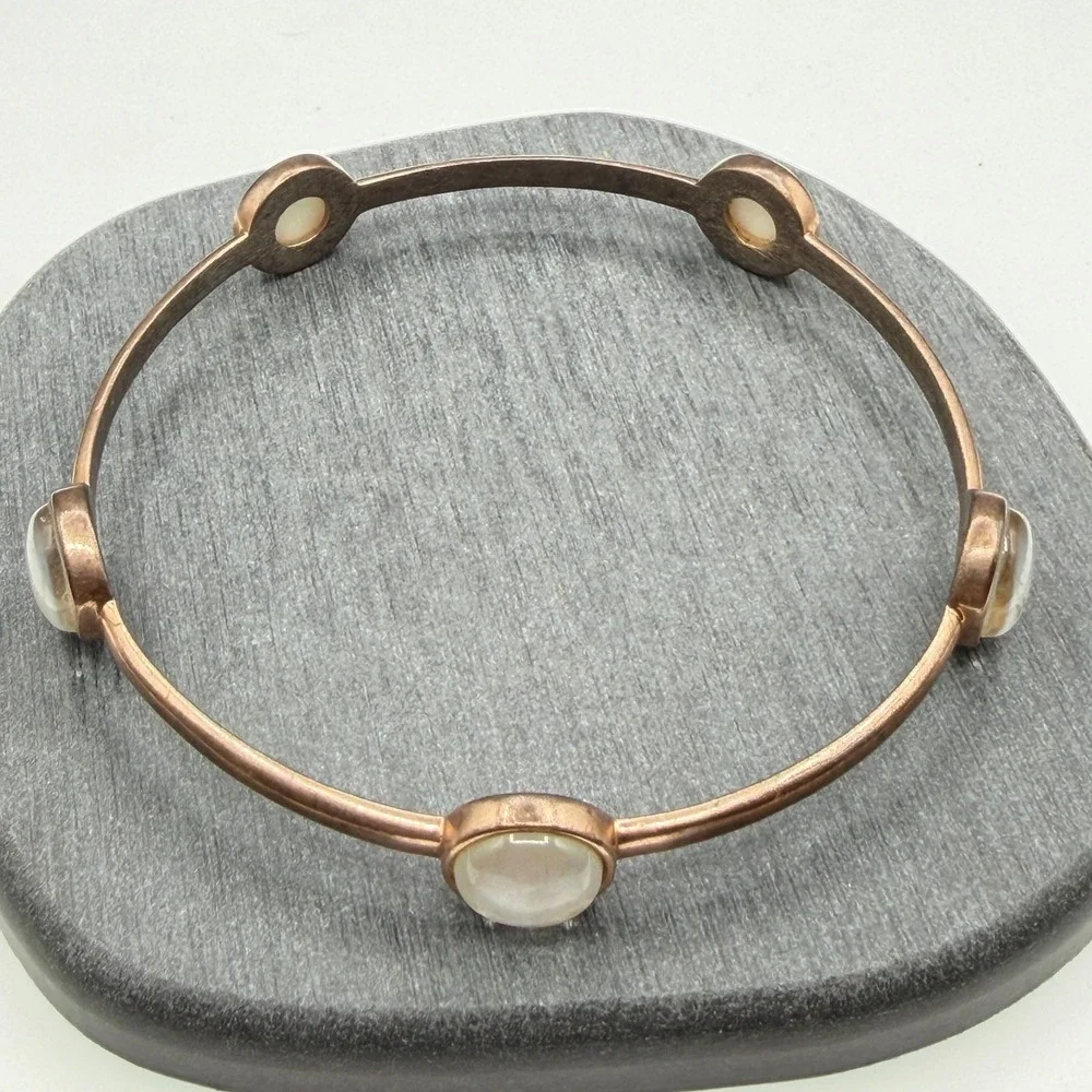 Pearlescent Shell Cabochon Copper Tone Bangle Bracelet Boho Statement Jewelry